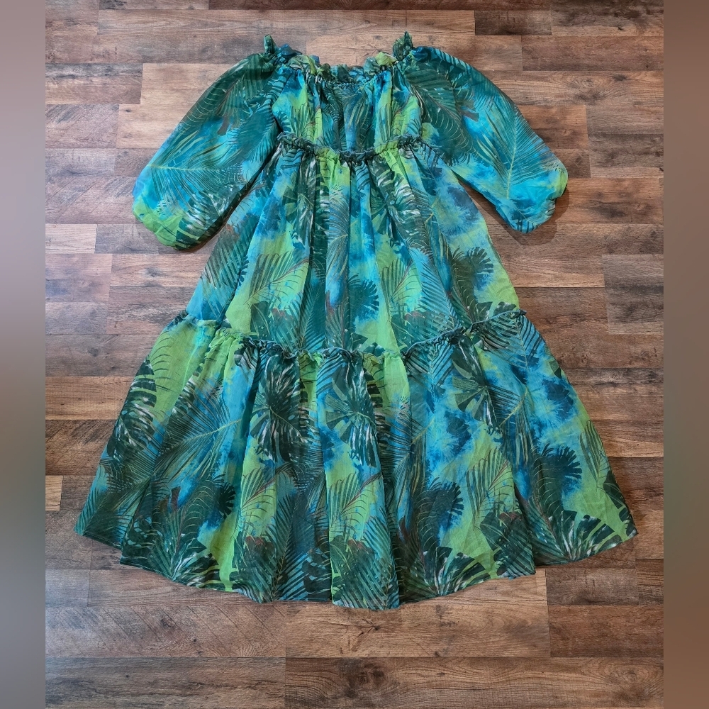 Love Highlight Women's Green Leaf Print Breezy Off The Shoulder Maxi Dress M